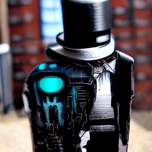 a 35mm picture of a humanoid robot in a suit and a top hat by Dan Mumford [Disco Diffusion v5] 1049554284