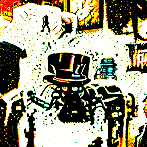 a 35mm picture of a humanoid robot in a suit and a top hat by Dan Mumford [Disco Diffusion v5] 1983169331