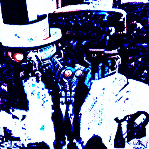 a 35mm picture of a humanoid robot in a suit and a top hat by Dan Mumford [Disco Diffusion v5] 28724565