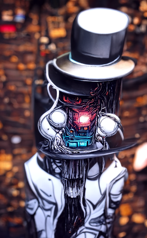 a 35mm picture of a humanoid robot in a suit and a top hat by Dan Mumford [Disco Diffusion v5] 44060054