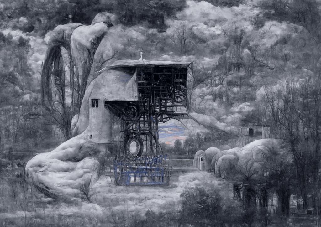 a beautiful painting of a mechanical building in a serene landscape by jean delville [Disco Diffusion v5] 1479489772
