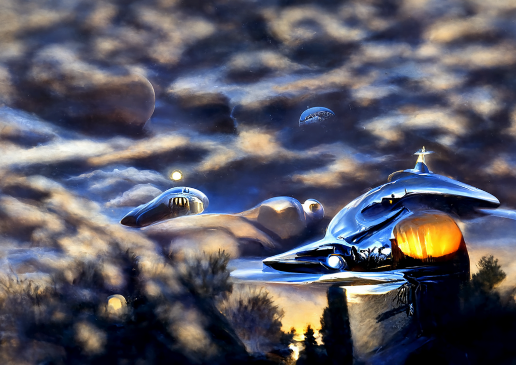 a beautiful painting of a moonlit alien spaceship hovering in the clear sky in a peaceful alien landscape by greg hildebrandt [Disco Diffusion v5] 1488172341