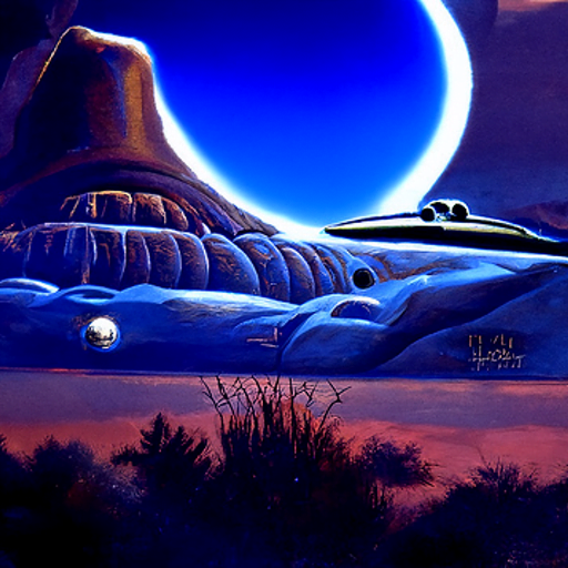 a beautiful painting of a moonlit alien spaceship hovering in the clear sky in a peaceful alien landscape by greg hildebrandt [Disco Diffusion v5] 1527536181