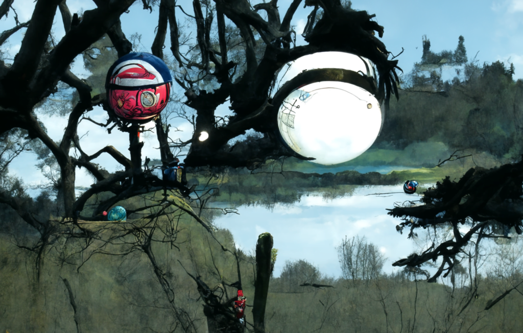 a beautiful painting of a moonlit mechanical orb in a serene landscape by jamie hewlett [Disco Diffusion v5] 1365081856