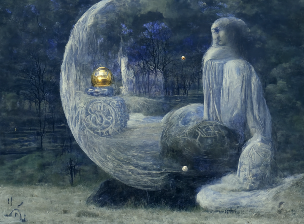 a beautiful painting of a moonlit mechanical orb in a serene landscape by jean delville [Disco Diffusion v5] 1947733058