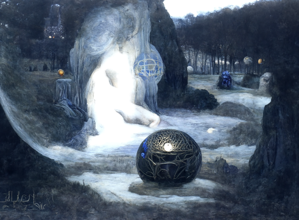 a beautiful painting of a moonlit mechanical orb in a serene landscape by jean delville [Disco Diffusion v5] 1992615305