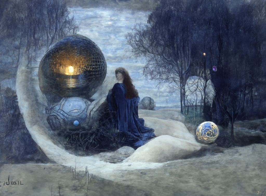 a beautiful painting of a moonlit mechanical orb in a serene landscape by jean delville [Disco Diffusion v5] 220785535