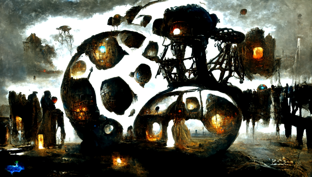 a beautiful painting of huge floating futuristic mechanical sphere with glowing lights by Zdzisław Beksiński trending on artstation magic realism [Disco Diffusion v5] 1020454196