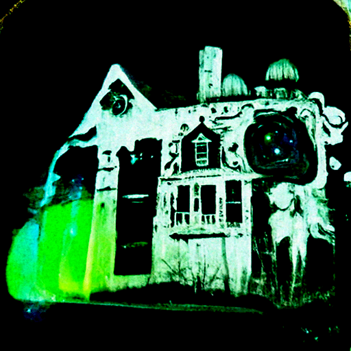 a creepy haunted house with glowing neon colors inside with a beautiful night sky behind it ambrotype [Disco Diffusion v5] 888334400