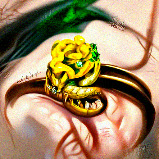a golden ring jewlery with two golden serpents with emerald eyes, One devouring, the other crowned with golden flowers hyperrealism trending on artstation [Disco Diffusion v5] 745561253