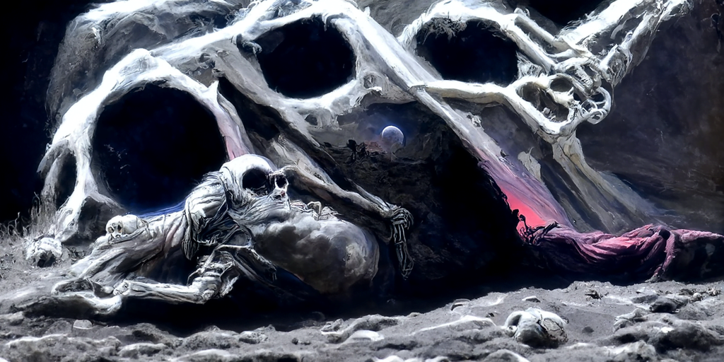 a human skeleton emerging from a grave with moon overhead by Wayne Barlowe and gustave dore trending on artstation death [Disco Diffusion v5] 150406681