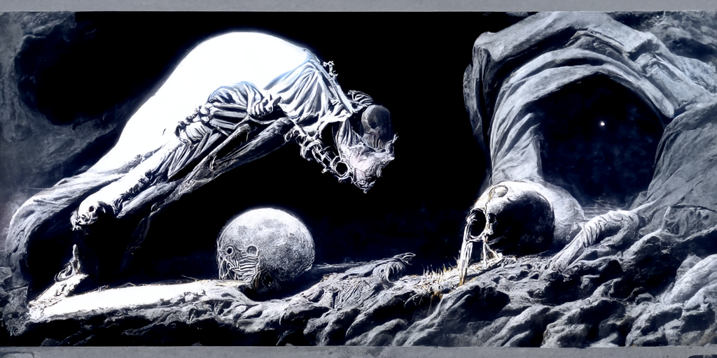 a human skeleton emerging from a grave with moon overhead by Wayne Barlowe and gustave dore trending on artstation death [Disco Diffusion v5] 1646556743
