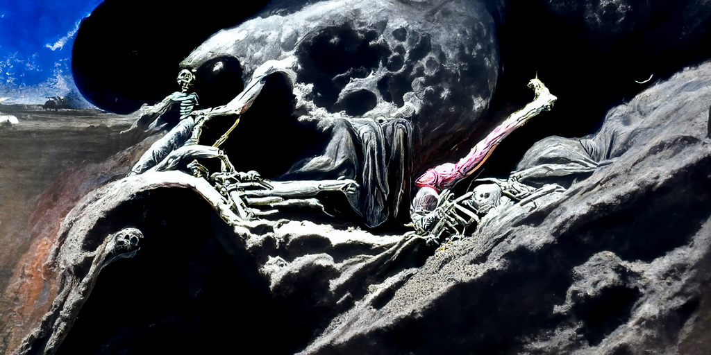 a human skeleton emerging from a grave with moon overhead by Wayne Barlowe and gustave dore trending on artstation death [Disco Diffusion v5] 659668503