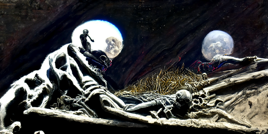 a human skeleton emerging from a grave with moon overhead dark night sky by Wayne Barlowe and gustave dore trending on artstation death [Disco Diffusion v5] 1227062578