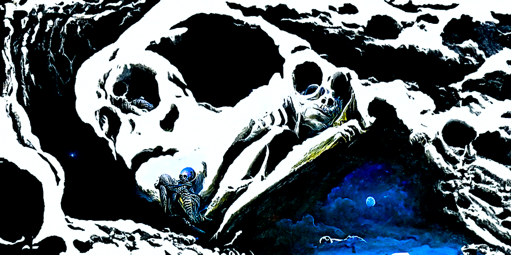 a human skeleton emerging from a grave with moon overhead dark night sky by Wayne Barlowe and gustave dore trending on artstation death [Disco Diffusion v5] 1447528232