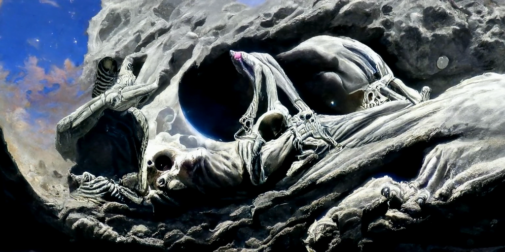 a human skeleton emerging from a grave with moon overhead dark night sky by Wayne Barlowe and gustave dore trending on artstation death [Disco Diffusion v5] 1490330943