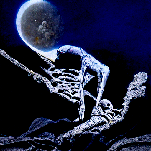 a human skeleton emerging from a grave with moon overhead dark night sky by Wayne Barlowe and gustave dore trending on artstation death [Disco Diffusion v5] 1680902449