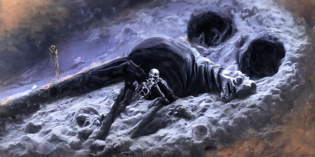 a human skeleton emerging from a grave with moon overhead dark night sky by Wayne Barlowe and gustave dore trending on artstation death [Disco Diffusion v5] 1711973109
