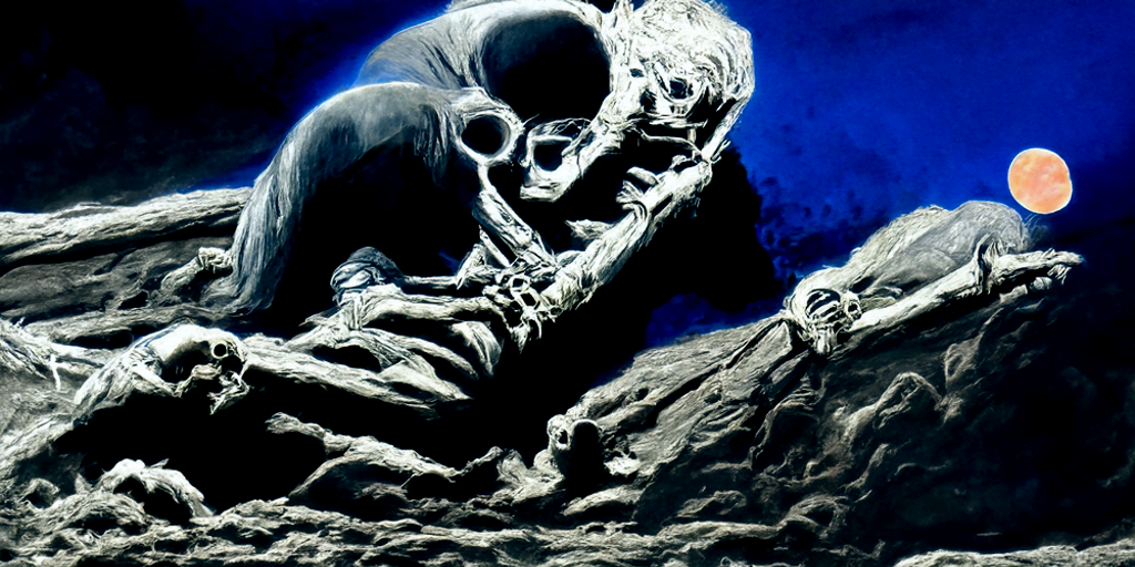 a human skeleton emerging from a grave with moon overhead dark night sky by Wayne Barlowe and gustave dore trending on artstation death [Disco Diffusion v5] 1916558420