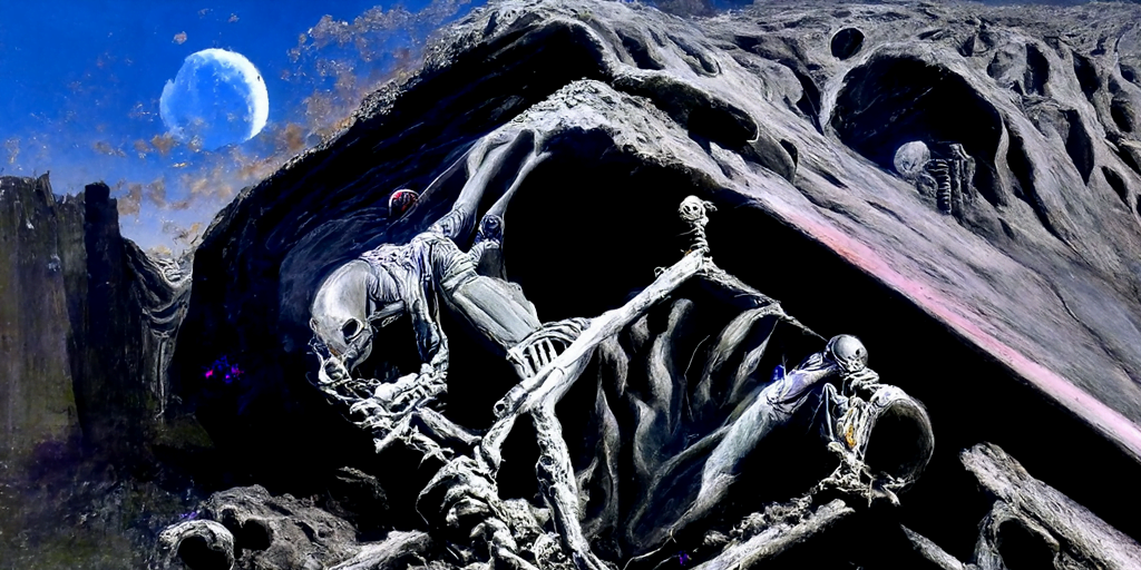 a human skeleton emerging from a grave with moon overhead dark night sky by Wayne Barlowe and gustave dore trending on artstation death [Disco Diffusion v5] 221340559