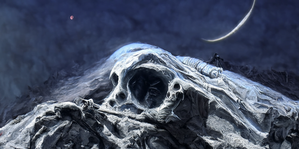 a human skeleton emerging from a grave with moon overhead dark night sky by Wayne Barlowe and gustave dore trending on artstation death [Disco Diffusion v5] 547638199