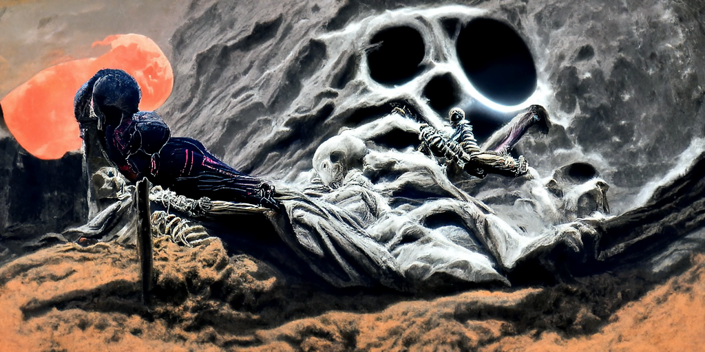 a human skeleton emerging from a grave with moon overhead dark night sky by Wayne Barlowe and gustave dore trending on artstation death [Disco Diffusion v5] 685746799