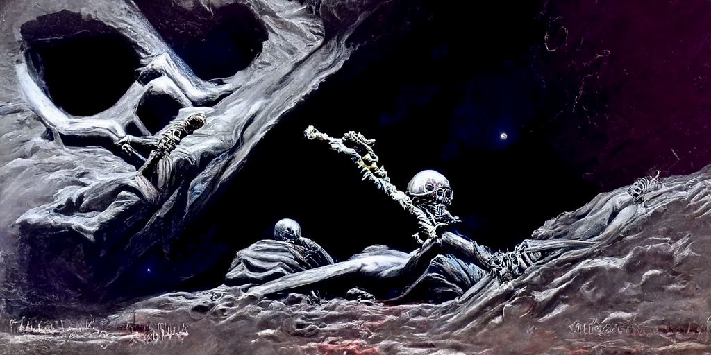 a human skeleton emerging from a grave with moon overhead dark night sky by Wayne Barlowe and gustave dore trending on artstation death [Disco Diffusion v5] 960533634