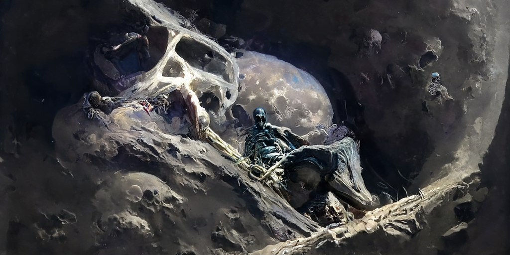 a human skeleton emerging from a grave with moon overhead dark night sky by Wayne Barlowe craig mullins and gustave dore trending on artstation [Disco Diffusion v5] 1033392065
