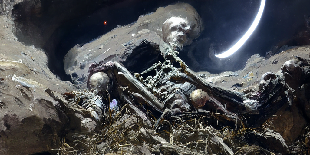a human skeleton emerging from a grave with moon overhead dark night sky by Wayne Barlowe craig mullins and gustave dore trending on artstation [Disco Diffusion v5] 860361141