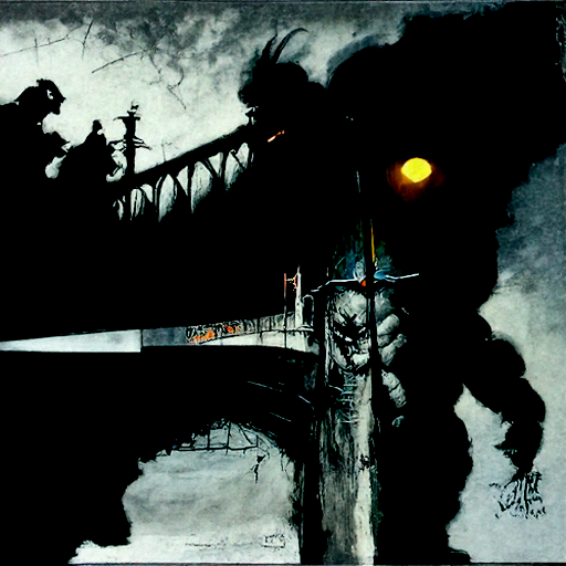 a large shadow of a monster with knives for fingers on a dark bridge lit by gas street lamps by Simon Bisley trending on artstation [Disco Diffusion v5] 467889159
