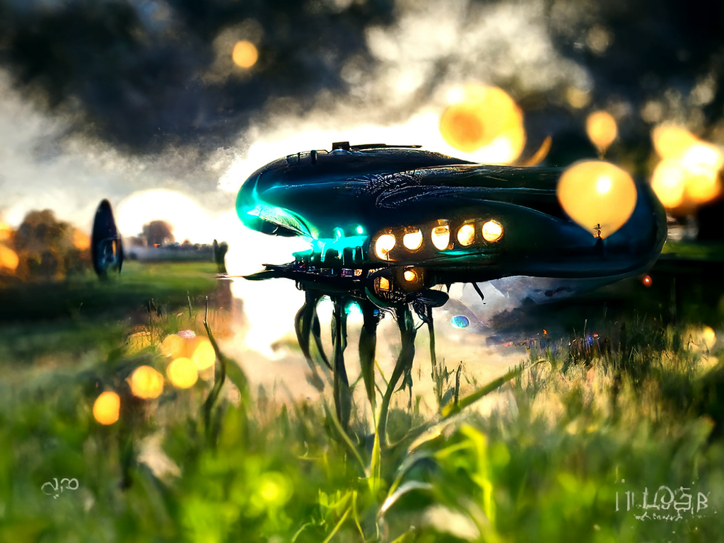 a lovecraftian spaceship with glowing lights in a beautiful serene field trending on artstation magic realism [Disco Diffusion v5] 1018722622