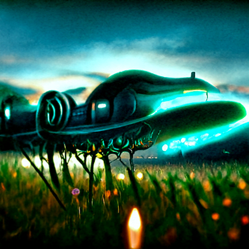 a lovecraftian spaceship with glowing lights in a beautiful serene field trending on artstation magic realism [Disco Diffusion v5] 355240925