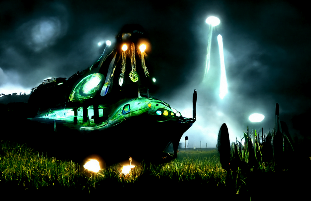 a lovecraftian spaceship with glowing lights in a dark serene field magic realism [Disco Diffusion v5] 1209865485