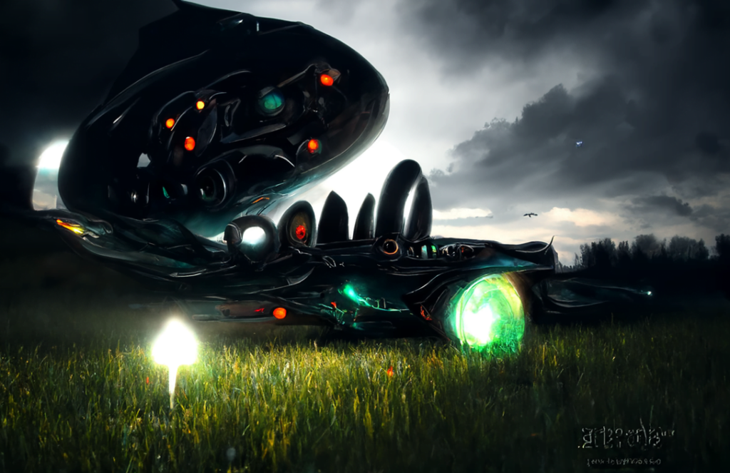 a lovecraftian spaceship with glowing lights in a dark serene field trending on artstation magic realism [Disco Diffusion v5] 1502913921