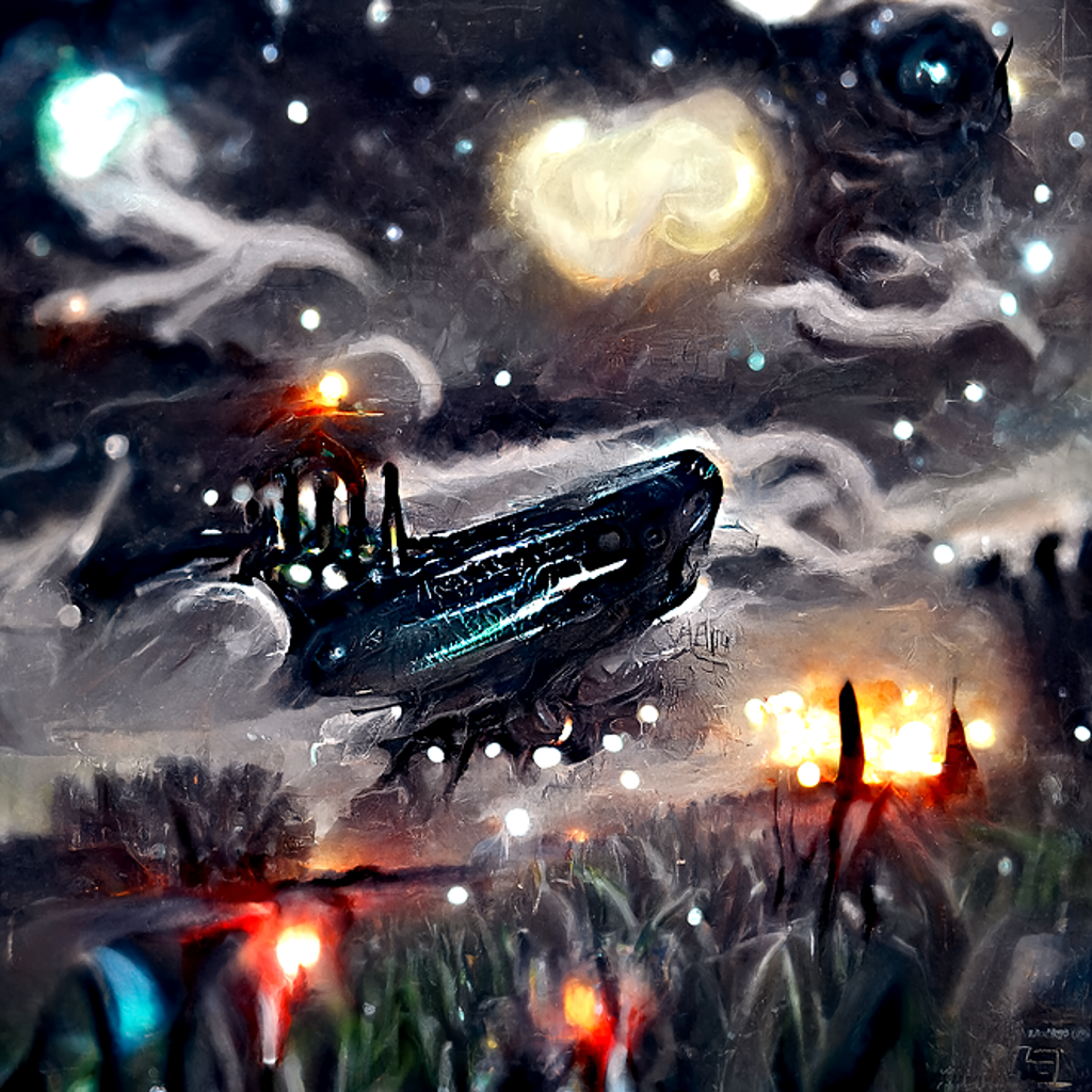 a lovecraftian spaceship with glowing lights in a dark serene field with a clear night sky full of stars magic realism trending on artstation [Disco Diffusion v5] 1246690806