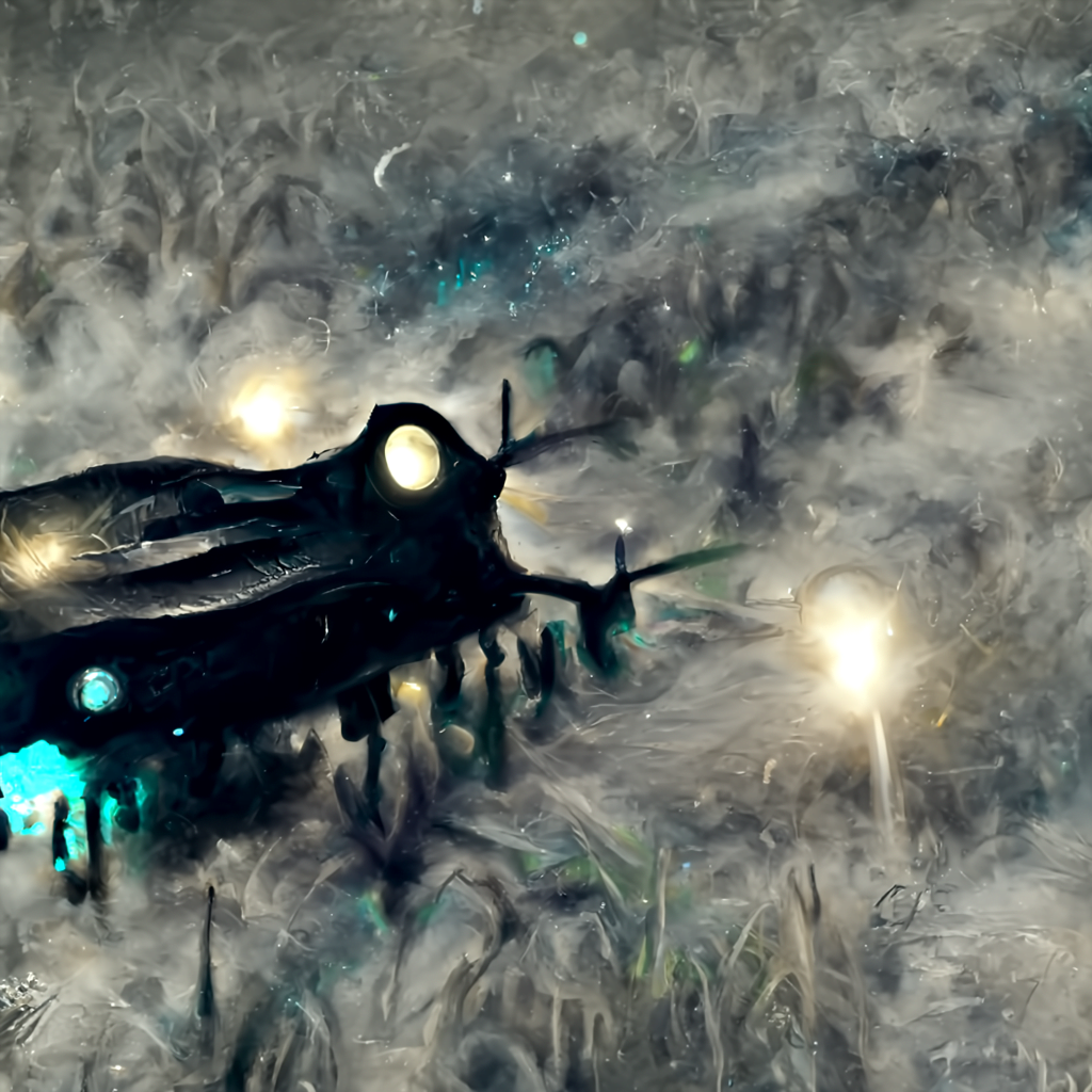 a lovecraftian spaceship with glowing lights in a dark serene field with a clear night sky full of stars magic realism trending on artstation [Disco Diffusion v5] 1303555053