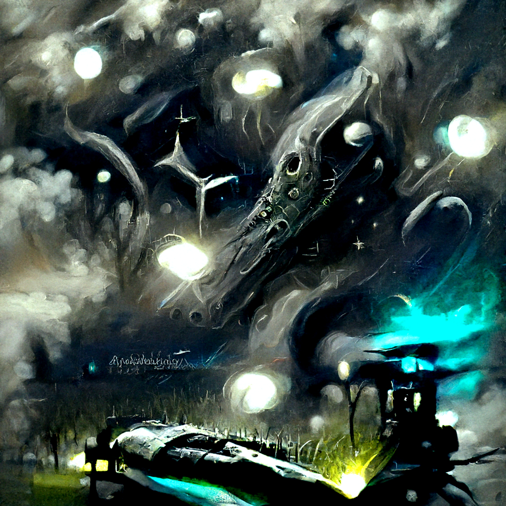 a lovecraftian spaceship with glowing lights in a dark serene field with a clear night sky full of stars magic realism trending on artstation [Disco Diffusion v5] 1769580242