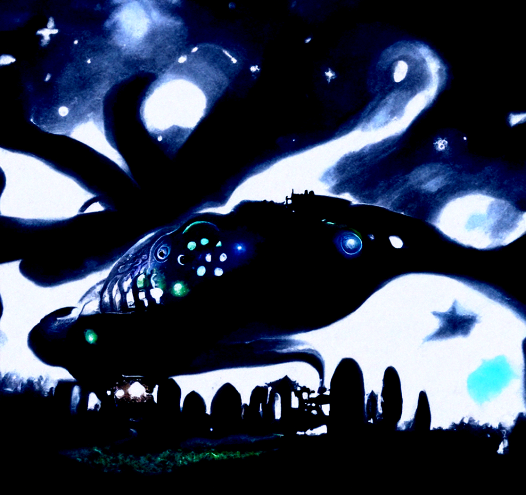 a lovecraftian spaceship with glowing lights in a dark serene field with a night sky full of stars magic realism [Disco Diffusion v5] 10983771