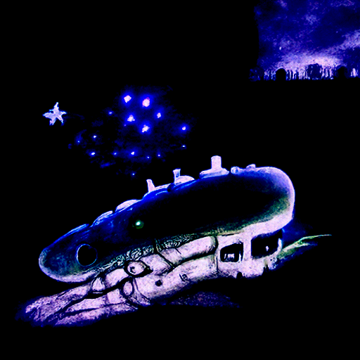 a lovecraftian spaceship with glowing lights in a dark serene field with a night sky full of stars magic realism [Disco Diffusion v5] 1209515979
