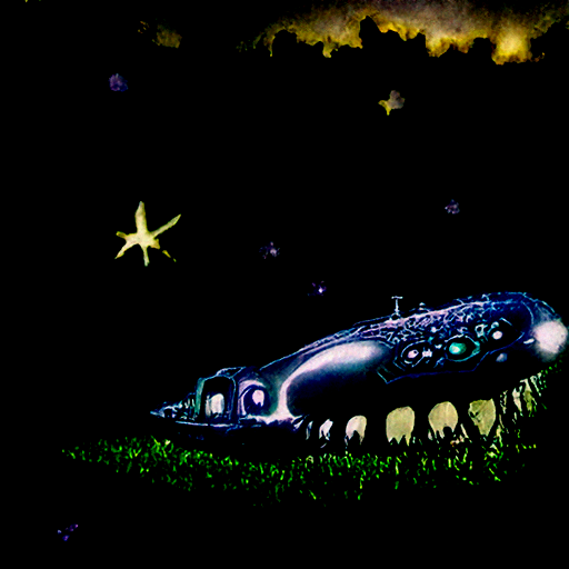 a lovecraftian spaceship with glowing lights in a dark serene field with a night sky full of stars magic realism [Disco Diffusion v5] 1255025371