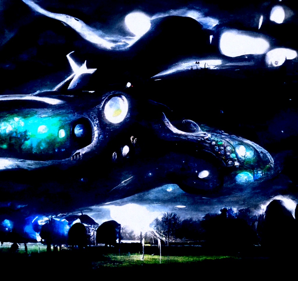 a lovecraftian spaceship with glowing lights in a dark serene field with a night sky full of stars magic realism [Disco Diffusion v5] 353356660