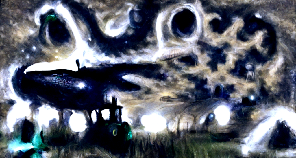 a lovecraftian spaceship with glowing lights in a dark serene field with a night sky full of stars magic realism hyperdetailed [Disco Diffusion v5] 642007804