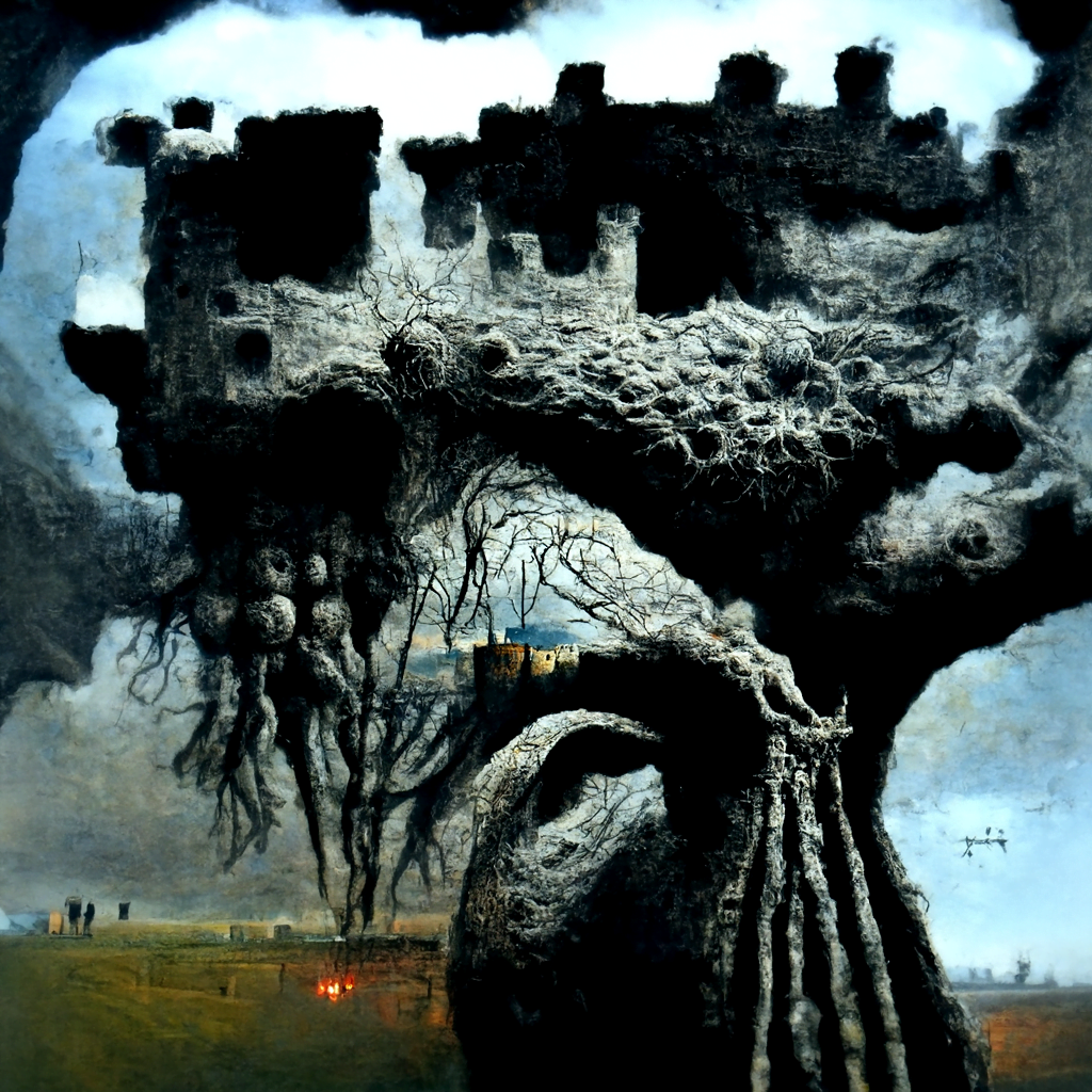 a lovecraftian tree growing out of an ancient castle n a dark serene field by Zdzisław Beksiński magic realism trending on artstation [Disco Diffusion v5] 583625307