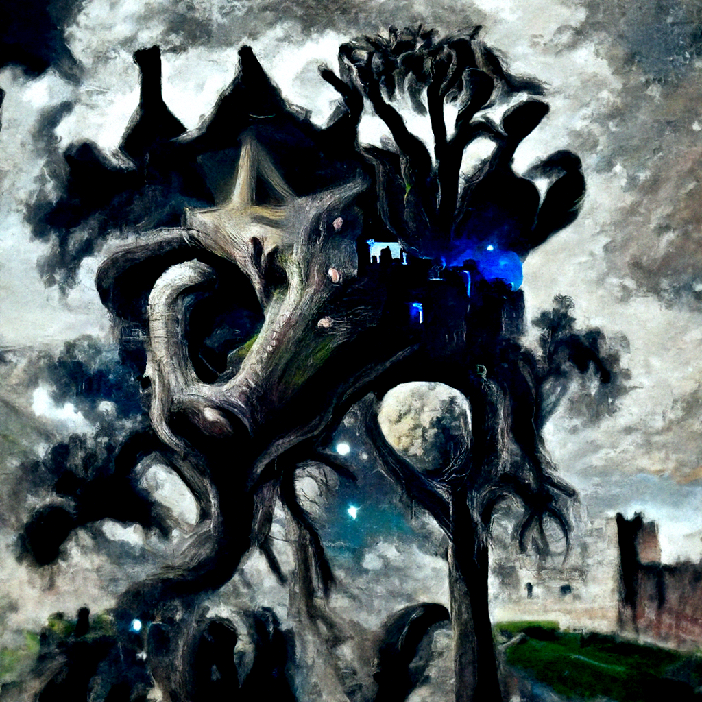 a lovecraftian tree growing out of an ancient castle n a dark serene field with a clear night sky full of stars magic realism trending on artstation [Disco Diffusion v5] 1103708272