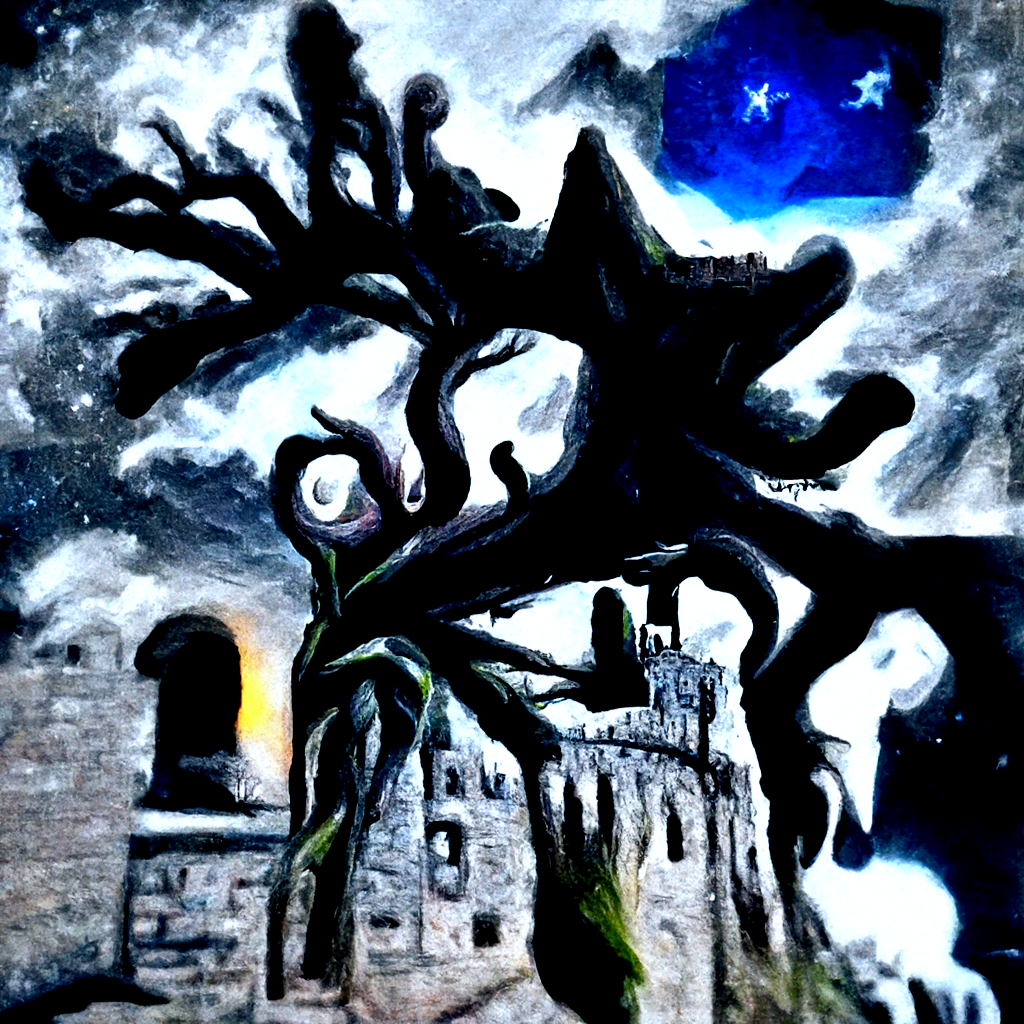 a lovecraftian tree growing out of an ancient castle n a dark serene field with a clear night sky full of stars magic realism trending on artstation [Disco Diffusion v5] 1528715907