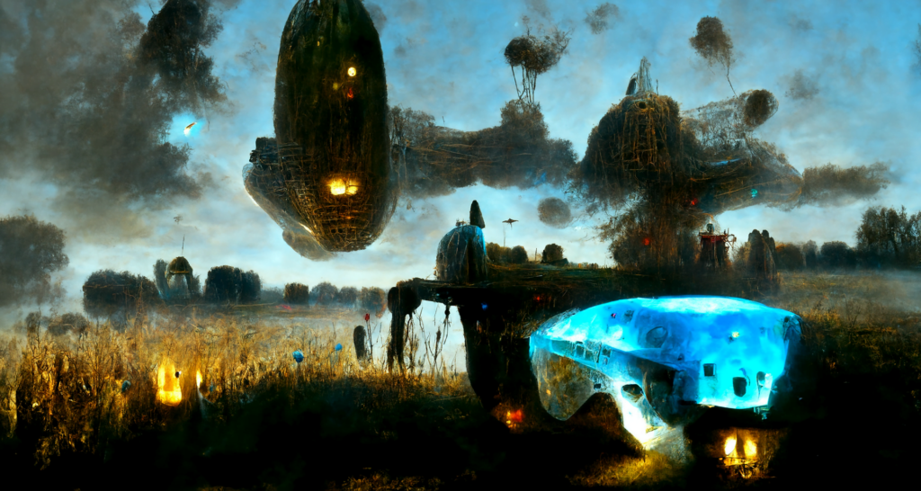 a magical spaceship with glowing lights in a beautiful serene field by Zdzisław Beksiński trending on artstation magic hyperrealism [Disco Diffusion v5] 1401484434