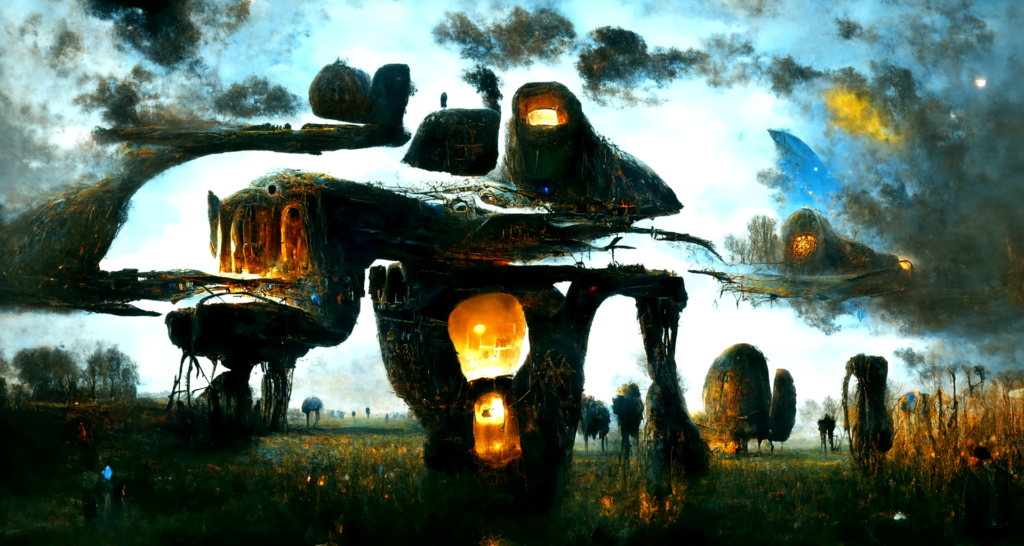 a magical spaceship with glowing lights in a beautiful serene field by Zdzisław Beksiński trending on artstation magic hyperrealism [Disco Diffusion v5] 894300262