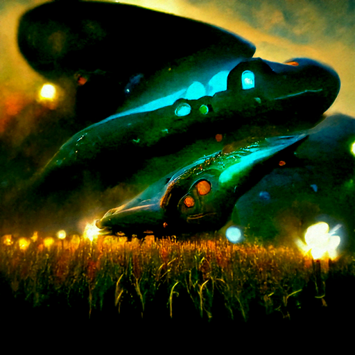 a magical spaceship with glowing lights in a beautiful serene field trending on artstation magic realism lovecraftian [Disco Diffusion v5] 1686381735