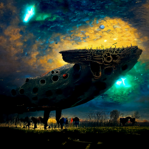 a magical spaceship with glowing lights landing in a peaceful field by Zdzisław Beksiński trending on artstation magic realism lovecraftian hyperrealism galaxy night sky [Disco Diffusion v5] 826543645