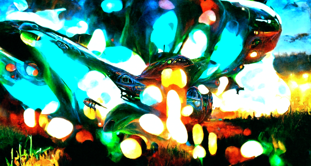 a magical spaceship with vibrant glowing lights in a beautiful serene field trending on artstation magic hyperrealism lovecraftian [Disco Diffusion v5] 1440785991